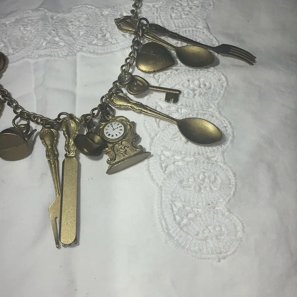 Vintage Steam Punk Whimsical mantle clock large folk art skeleton key Locket cha